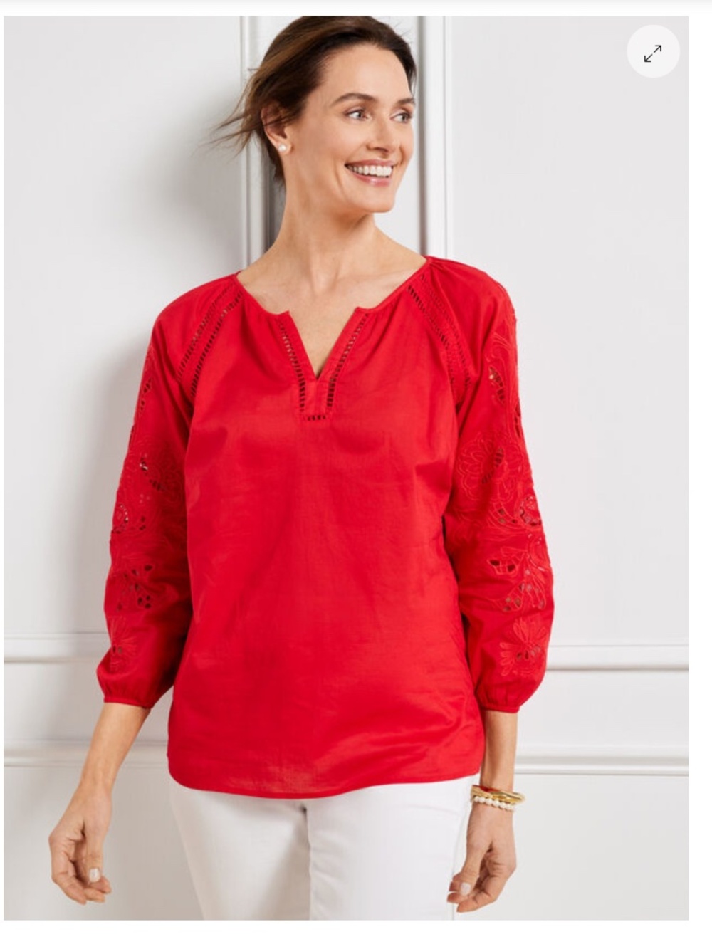 Talbots Cotton Voile Top, Embroidered Sleeves, Size M